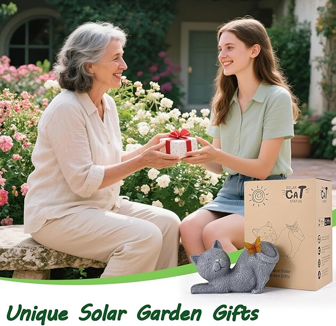 Solar Cat Garden Statue with Glowing Butterfly Tail - IP65 Resin Decor