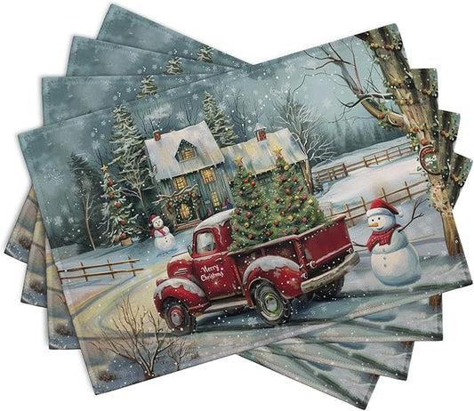 Winter Christmas placemat set of 4, red vintage truck and snowman on snowy blue background
