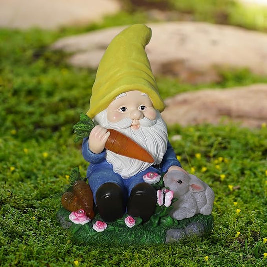 Solar gnome garden statue kneeling and feeding rabbit, yellow hat, holding a brown carrot