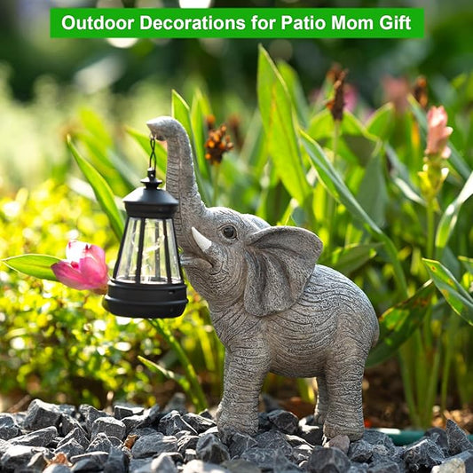 Solar Elephant Garden Statue with Lantern - IP65 Good Luck Resin Outdoor Decor