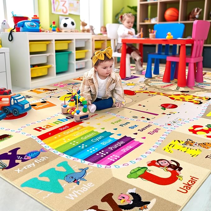 Kids learning rug with alphabet lines and animal illustrations on beige surface