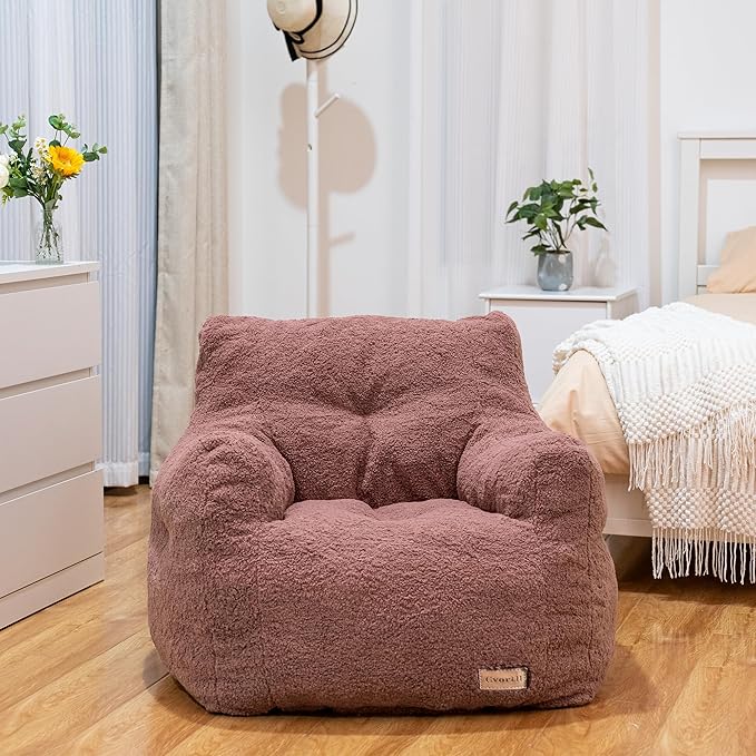 Mauve Teddy Faux Fur Bean Bag Armchair - Soft Memory Foam Reading Chair for Kids Room, Teen Bedroom, Reading Corner, and Toddler Story Time
