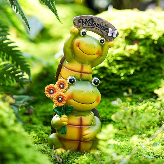 Solar Turtle Garden Statue with Frog Face and 3 LED Lights - Resin Waterproof Outdoor Decor