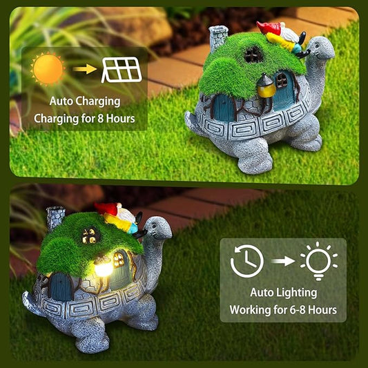 Turtle Solar Garden Statue Carrying a Gnome with 2 LED Lights