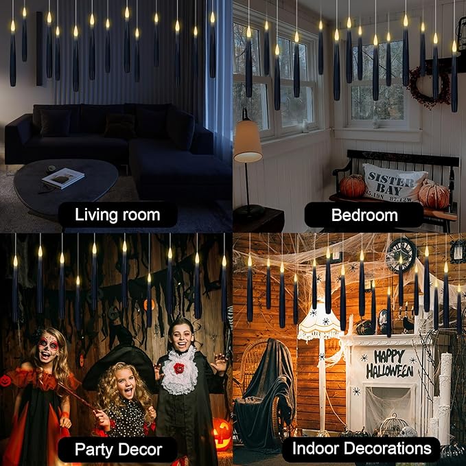 Flameless Floating Candles with Magic Wand Remote – 22 Pack Black | LED Flickering Hanging Candles | Halloween & Gothic Decor