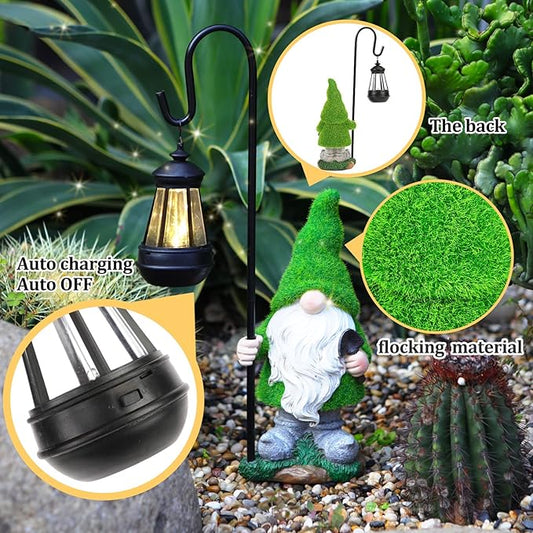 Green pine gnome solar lantern with glowing top, flocked texture detail outdoors