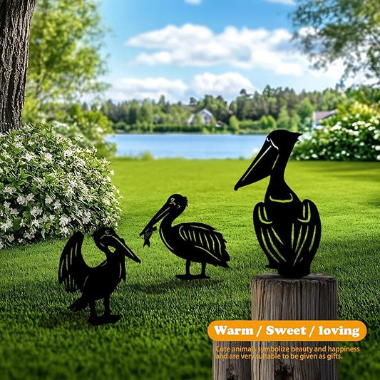 3-Pack Pelican Metal Garden Stakes - Weather-Resistant Bird Yard Decor