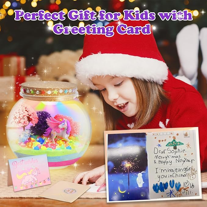 Light-up unicorn terrarium jar with multicolor LED glow and birthday greeting cards