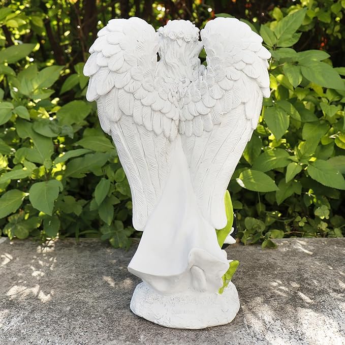 Solar Guardian Angel Garden Statue with Lantern - Antique White Resin Waterproof Outdoor Decor