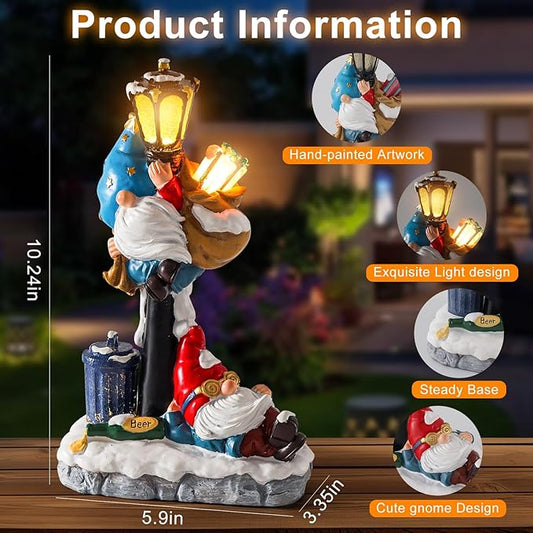 Solar garden gnome statue with glowing lantern on a round stone base