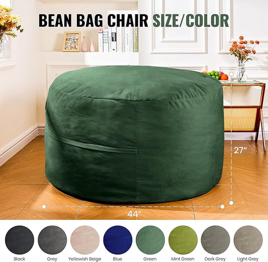 4ft Green Velvet Bean Bag Chair - Cozy Sponge Fill Velvet Lounger for Family, Gaming, and Bedtime Snuggles
