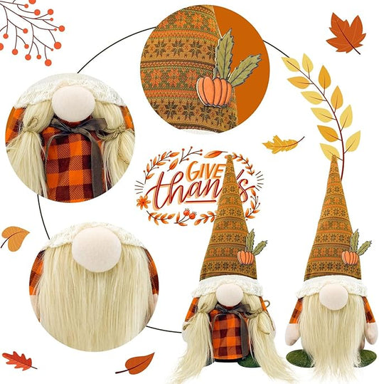 Two plush Thanksgiving gnomes with patterned cone hats, orange plaid clothes, and white beards