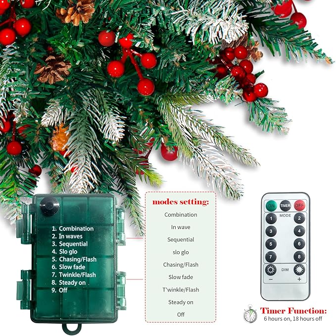 Pre-lit pine tree decoration with control box for light modes and warm LED timer