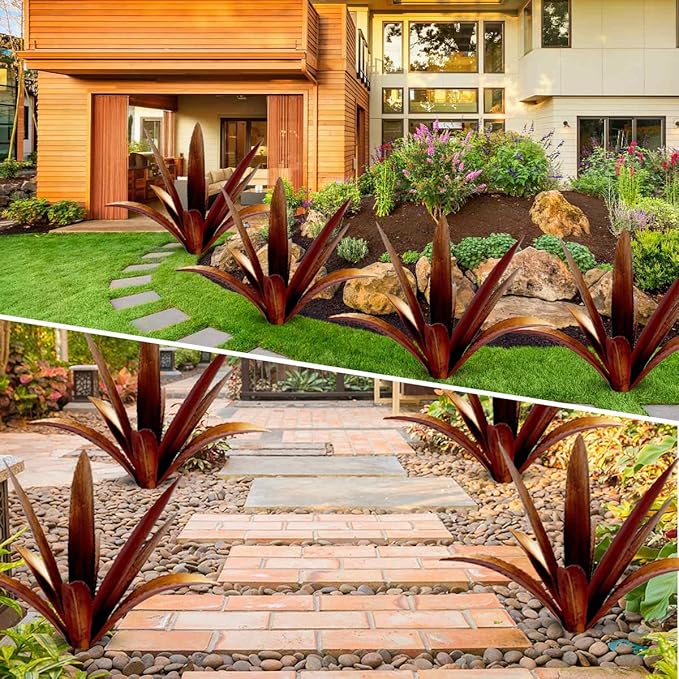 Metal Agave Garden Sculpture - 9-Leaf Rustic Botanical Indoor and Outdoor Decor