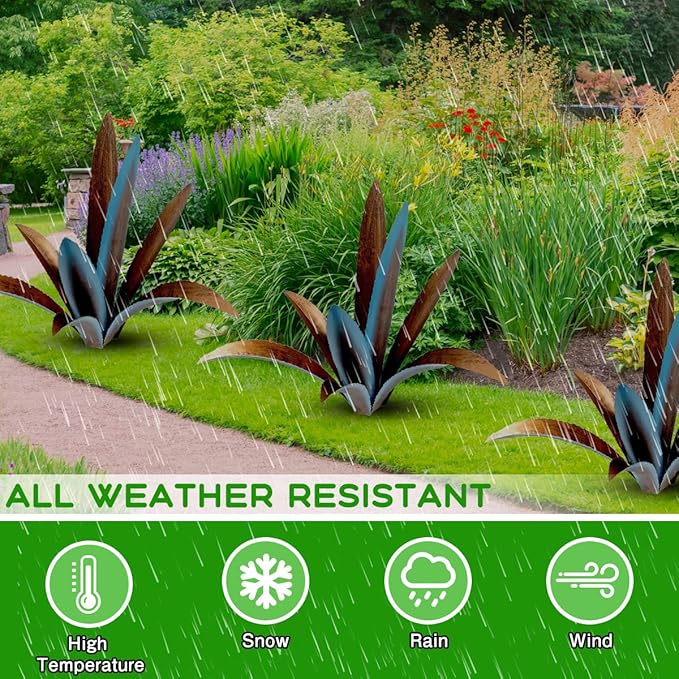 Metal Agave Plant Sculpture - 9-Leaf Rustic Garden and Patio Decor