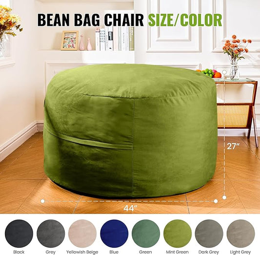 4ft Fern Green Velvet Bean Bag Chair - Soft Sponge Fill Lounger for Nature-Inspired Rooms, Family Reading, and Gaming