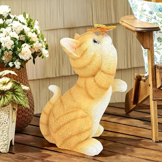 Solar Cat Garden Statue with Butterfly - 10.23-Inch Resin Outdoor Decor