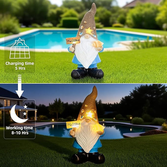 Solar gnome yard statue standing by pool, glowing hat light, white beard, blue pants, black shoes