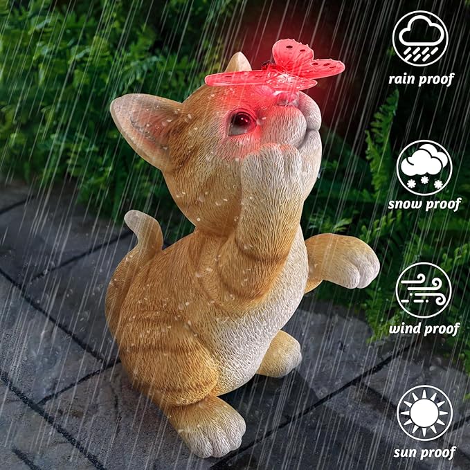 Solar Cat Garden Statue with Butterfly - 10.23-Inch Resin Outdoor Decor