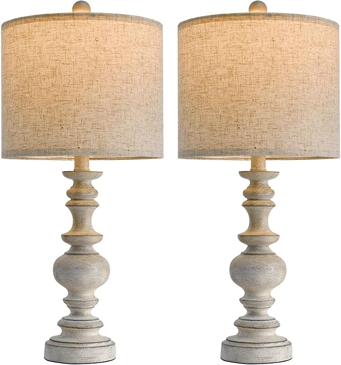 Farmhouse table lamp set of 2 with tan linen shades and light gray resin pedestal bases
