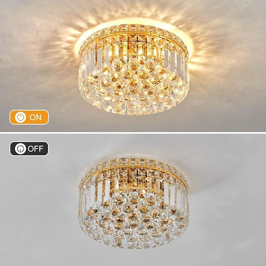 Illuminated round gold flush-mount chandelier with K9 crystal prisms and drops
