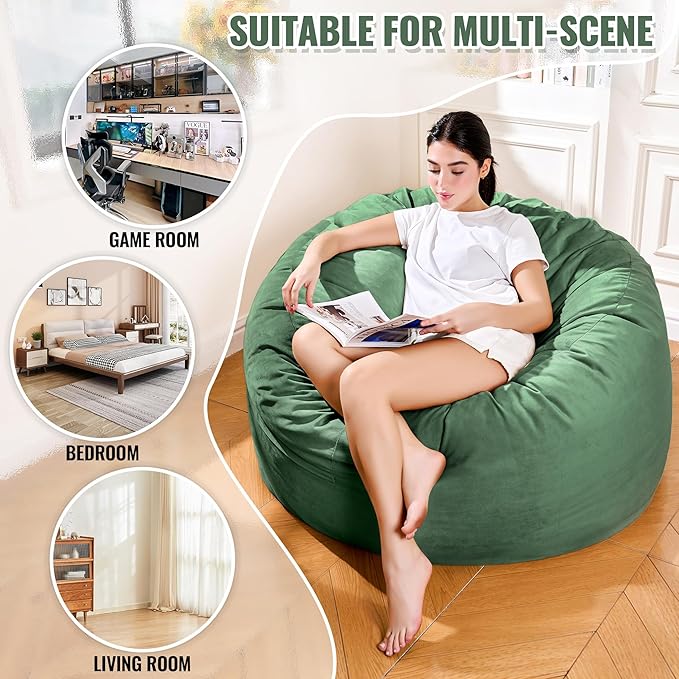 4ft Green Velvet Bean Bag Chair - Cozy Sponge Fill Velvet Lounger for Family, Gaming, and Bedtime Snuggles