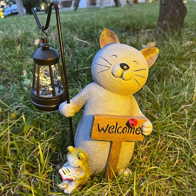 Cat Solar Garden Statue with Lantern and Welcome Sign - IP44 Resin Decor