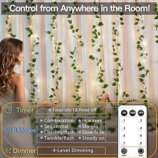 Pothos Vine Fairy Lights – 6.5ft x 6.5ft 200 LED Warm White | Pre-Strung Leaf Curtain Lights | Remote Timer Dimmer | Bedroom Dorm Wedding Party Wall Decor