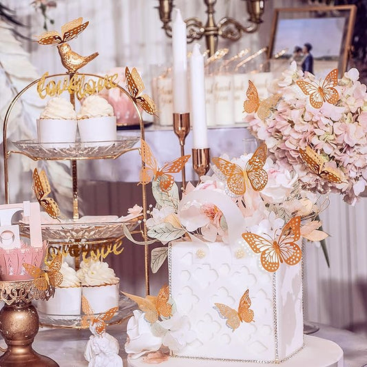 Rose gold butterfly wall decals on a party centerpiece, glossy metallic 3D style