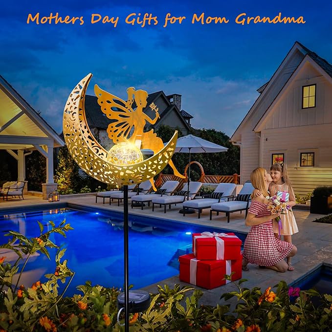 Fairy Moon Solar Lights Outdoor Garden Gifts for Mom Yard Decorations Stakes Lights, Waterproof LED Outside Backard Decor, Lawn Patio Ornaments, Mothers Day Birthday Gifts for Mom (Gold,1Pack)