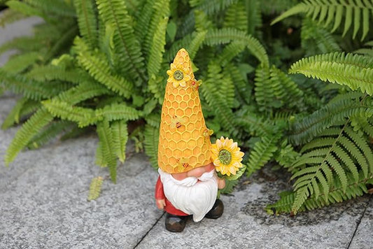 Solar LED gnome yard statue with honeycomb hat, white beard, and sunflower