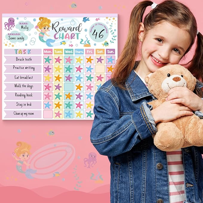 Mermaid Reward Chart for Kids – 26 Magnetic Chore Charts | 1960 Diamond Stickers | 56 Reward Stickers | Behaviour Chart for Home Fridge School