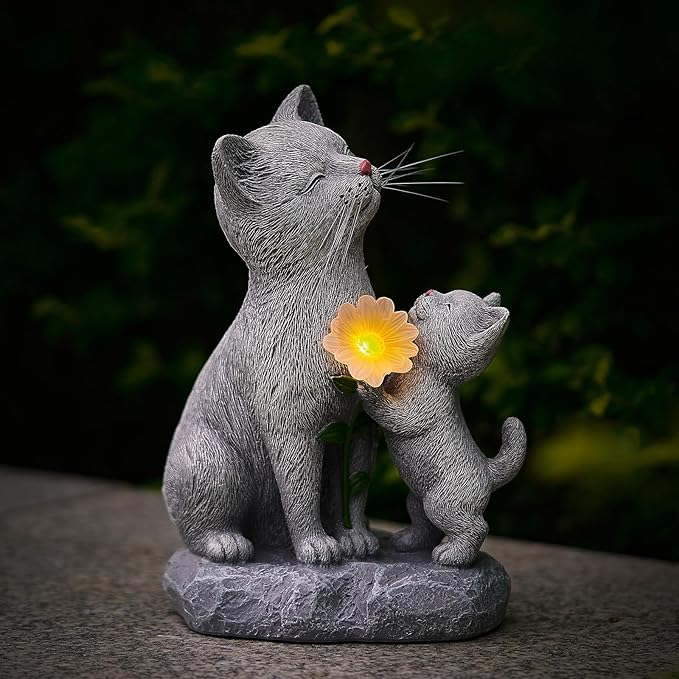 Mother and Kitten Solar Cat Garden Statue - Resin Cat Figurine with Flower LED Light for Garden, Pathway, Patio, Balcony, and Home