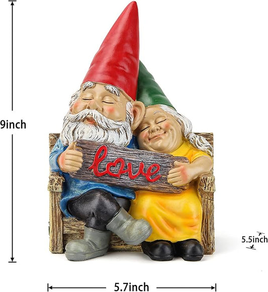 Garden gnome couple statue hugging with red Love sign, 5.7 inch wide