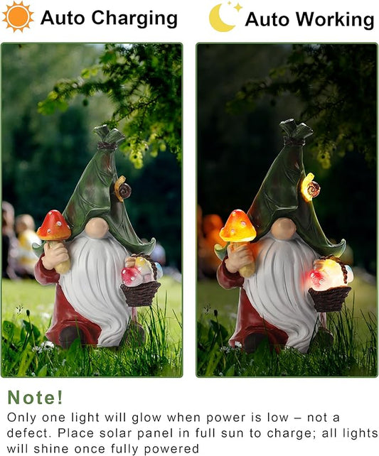 Solar mushroom-picking gnome statue with three lit LED caps, holding mushroom and basket