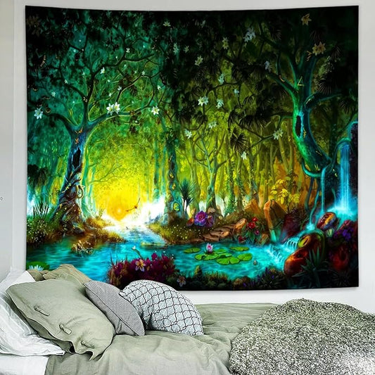Mystical River Forest Tapestry – Fairy Tale Sunrise & Sunset Landscape Wall Hanging | 3 Sizes | Bedroom & Living Room Decor