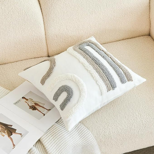 Tufted boho throw pillow cover with curved striped texture in white and gray