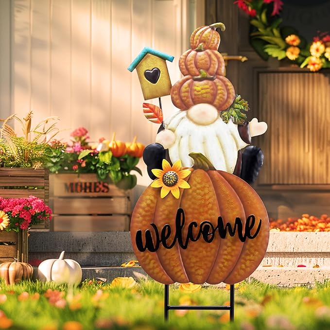 Orange pumpkin welcome gnome yard sign with sunflower, teal house flag, black boots, metal stake.
