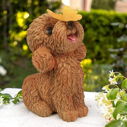 Solar Puppy Garden Statue with Butterfly - 7.67-Inch Resin Outdoor Decor