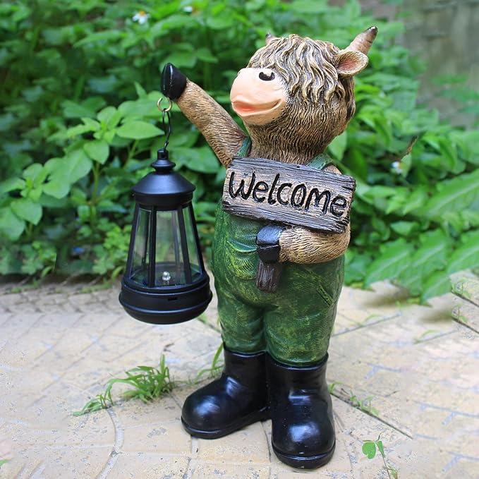 Solar Cow Garden Statue with Lantern and Welcome Sign - Farmhouse Resin Outdoor Decor