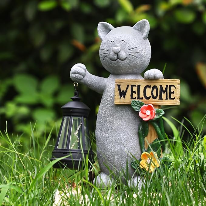 Cat Solar Garden Statue with Lantern and Welcome Sign - IP65 Resin Decor