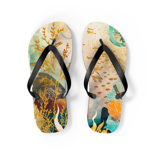 Pair of marine-pattern flip-flops with black straps and colorful mosaic tops