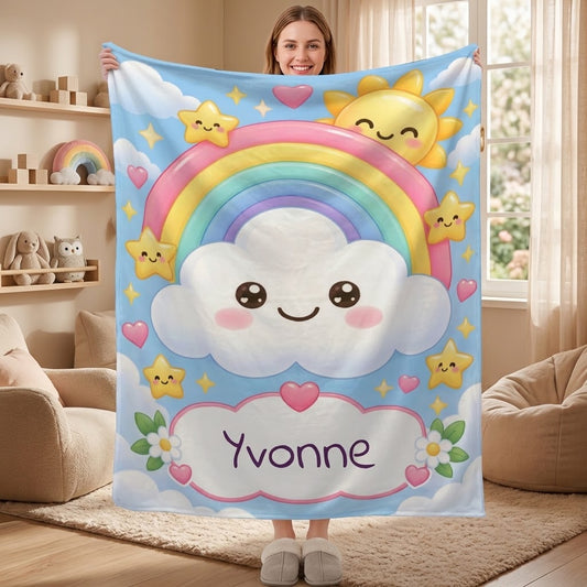 Personalized Rainbow Cloud Blanket | Custom Name | Colorful Kawaii Sky Flannel Throw Gift