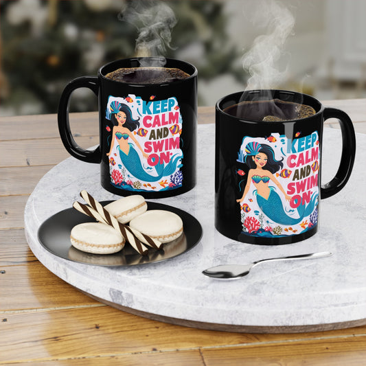 Set of black coffee mugs with mermaid graphic and “KEEP CALM AND SWIM ON”
