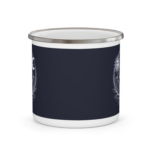 Dark navy enamel camping mug with silver lid and partial sacred eye graphic