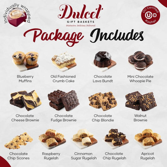 Assorted pastries in gift box: muffins, cake slices, brownies, scones, bars