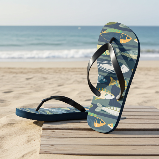 Fish-print flip-flops with black thong straps, shown from side on a beach