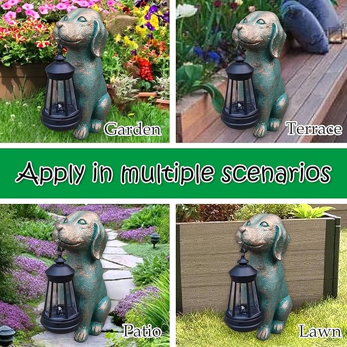 Solar Dog Garden Statue with Lantern - 9.4-Inch Resin Outdoor Decor