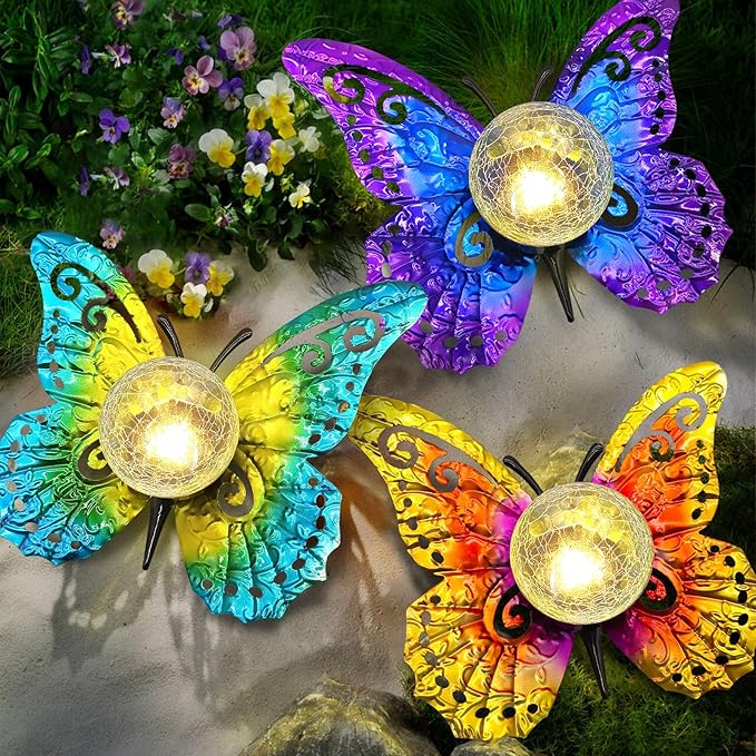Solar Butterfly Garden Light with Crackle Glass Globe - Metal Outdoor Decor