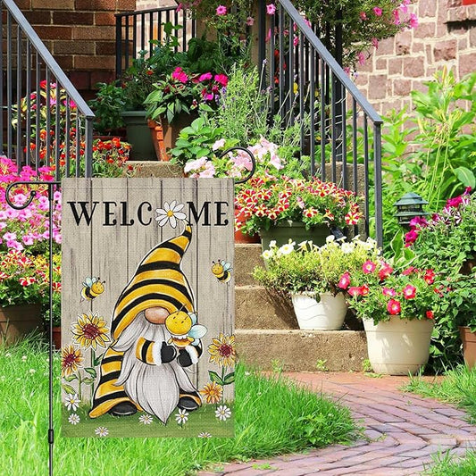 Burlap yard flag on metal pole with Welcome text, gnome, bees, and flower accents